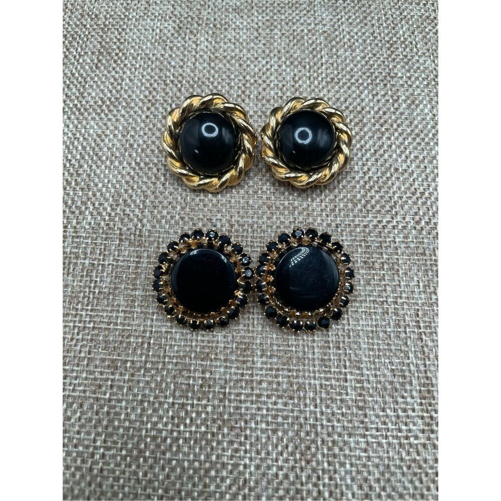 Two Pair of Vintage Black and Gold Tone Clip On Earrings Large PAOLO Gucci Rope
